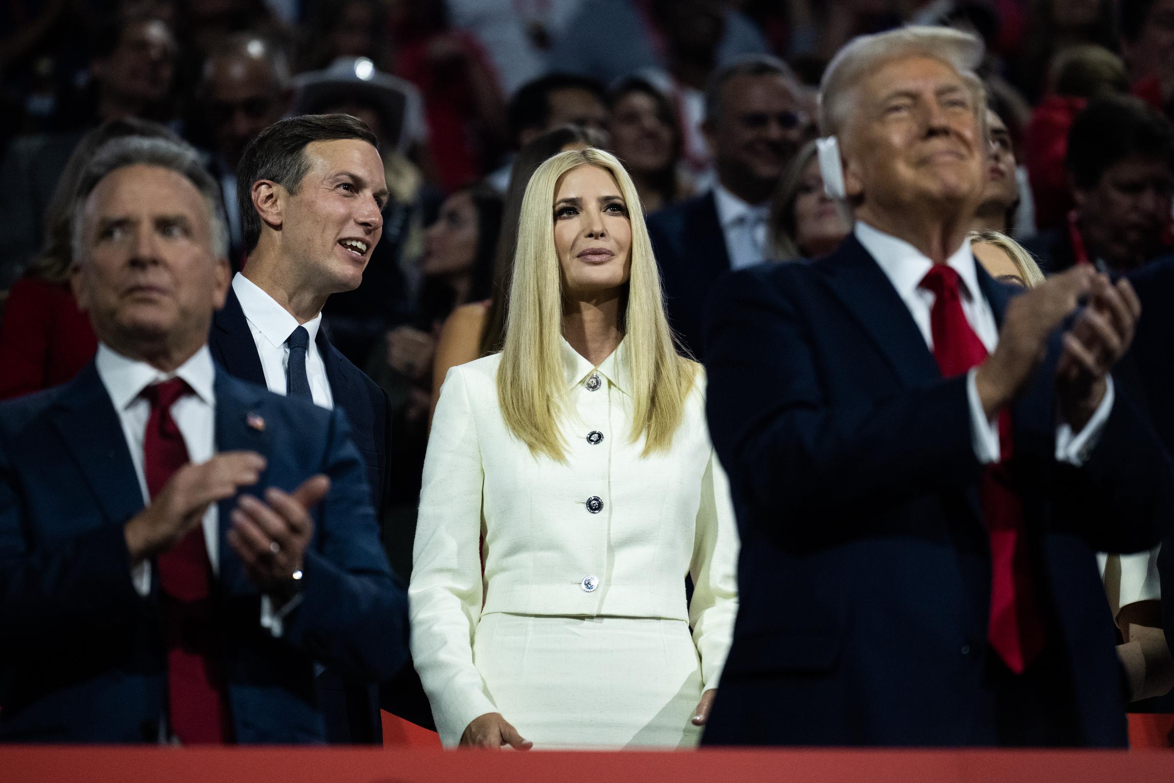 Jared Kushner, Ivanka, and Donald Trump pictured on the last night of the Republican National Convention on July 18, 2024, in Milwaukee, Wisconsin. | Source: Getty Images