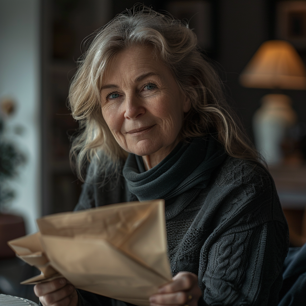 A middle-aged woman holding a large envelope | Source: Midjourney