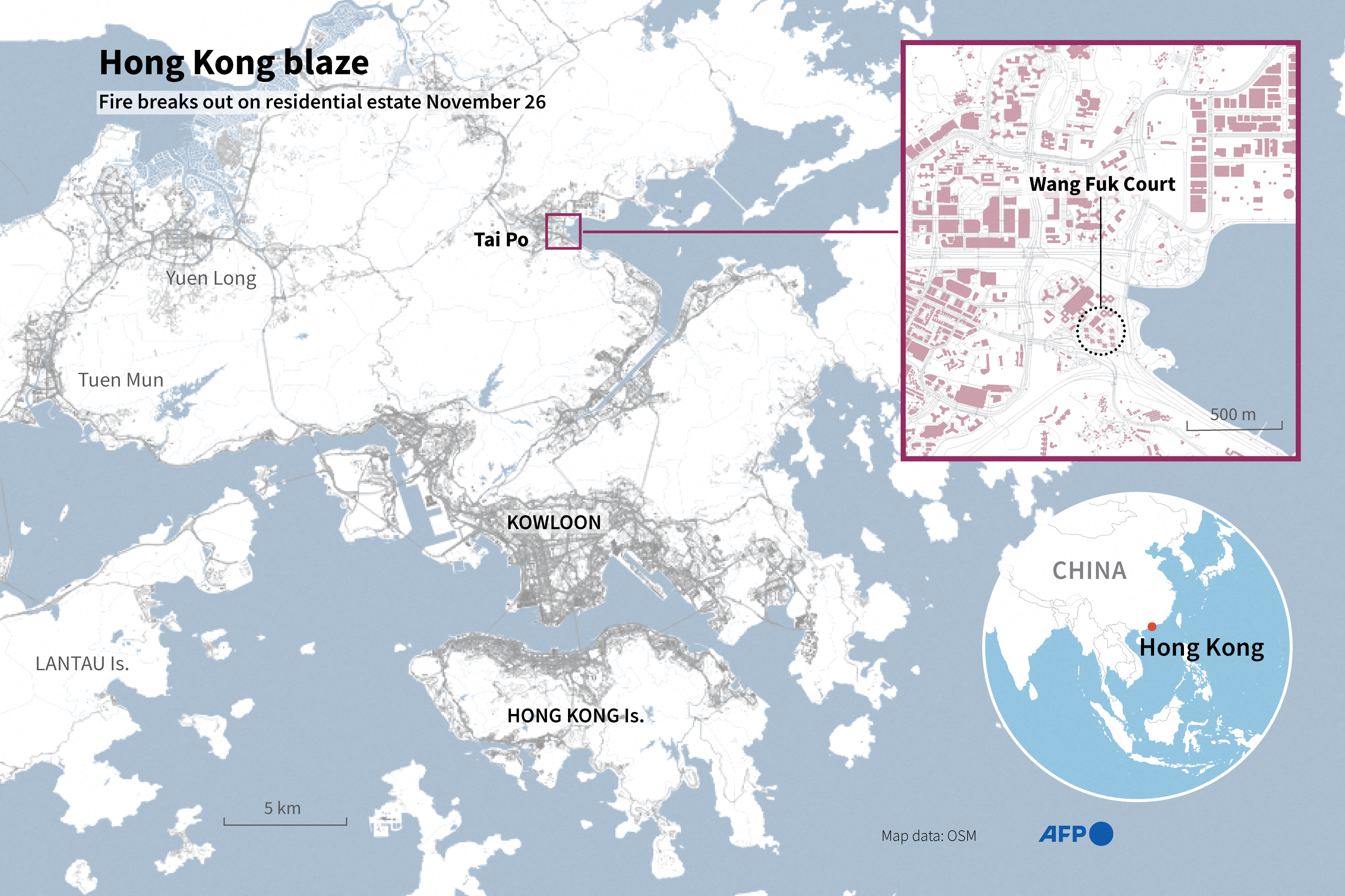 Map locating a fire that broke out in several high-rise blocks in a Hong Kong residential estate on November 26, 2025 | Source: Getty Images