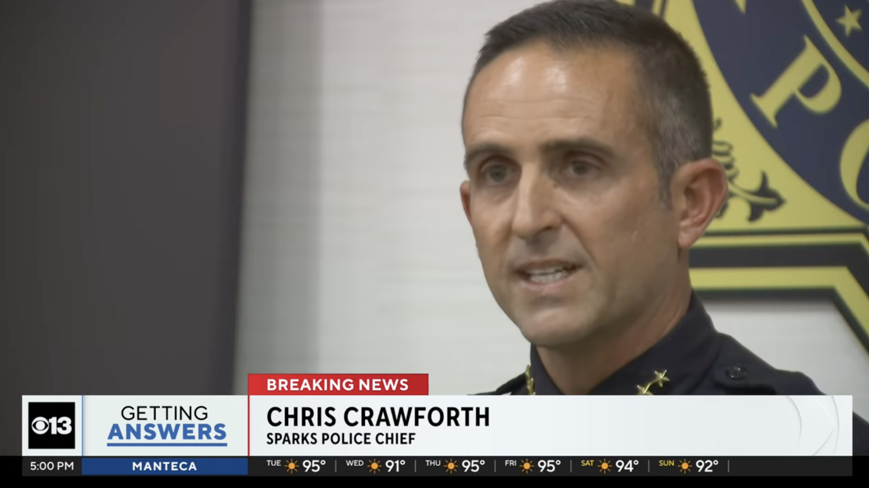 Sparks Police Chief Chris Crawforth speaks at a press conference following the shooting at Grand Sierra Hotel in Reno, Nevada, on July 28, 2025. | Source: YouTube/CBS News Sacramento