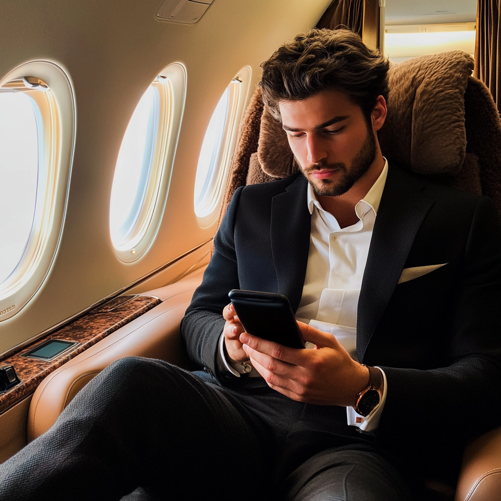 Man in a plane scrolling through his phone | Source: Midjourney