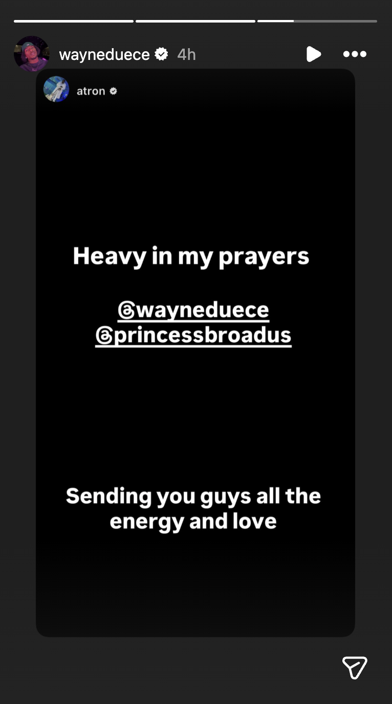 Wayne Deuce reshared a black screen with a message expressing support for Cori Broadus | Source: Instagram/wayneduece