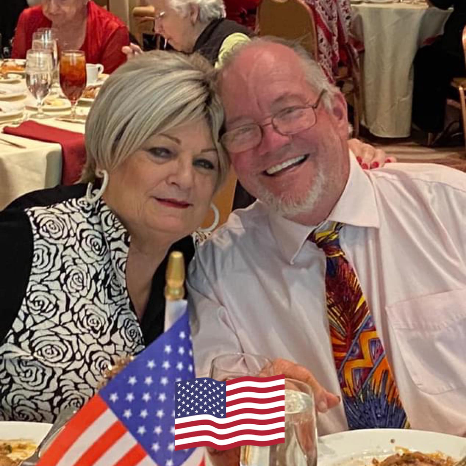 Close friend, Joy Miedecke, knew something was wrong immediately. This is a photo of her at a patriotic event with her husband on December 12, 2023 | Source: Facebook/Joy Cain Miedecke
