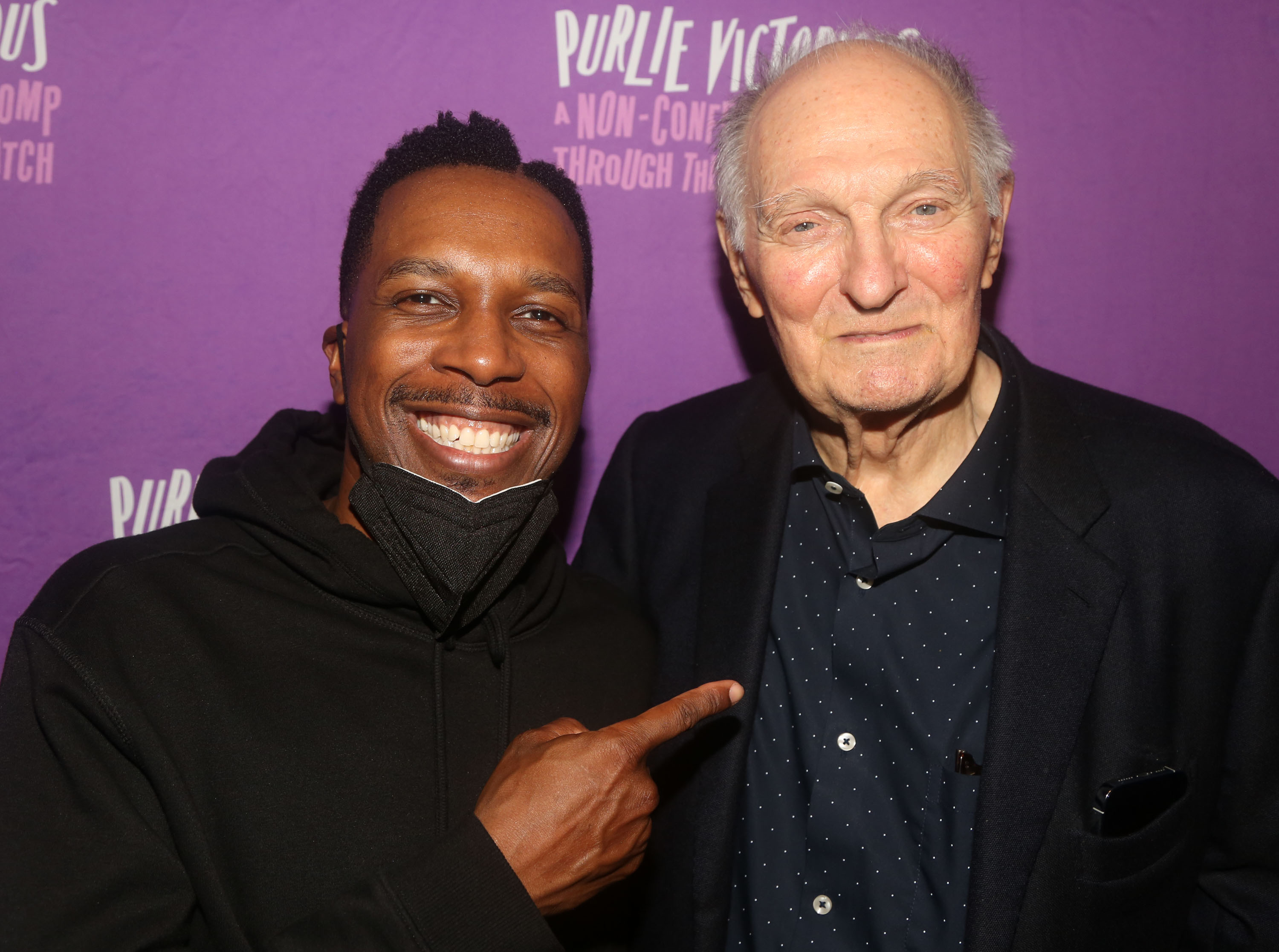 Leslie Odom Jr. and Alan Alda pose backstage at the play "Purlie Victorious" on Broadway, at The Music Box Theater, on October 3, 2023 in New York City.  | Source: Getty Images