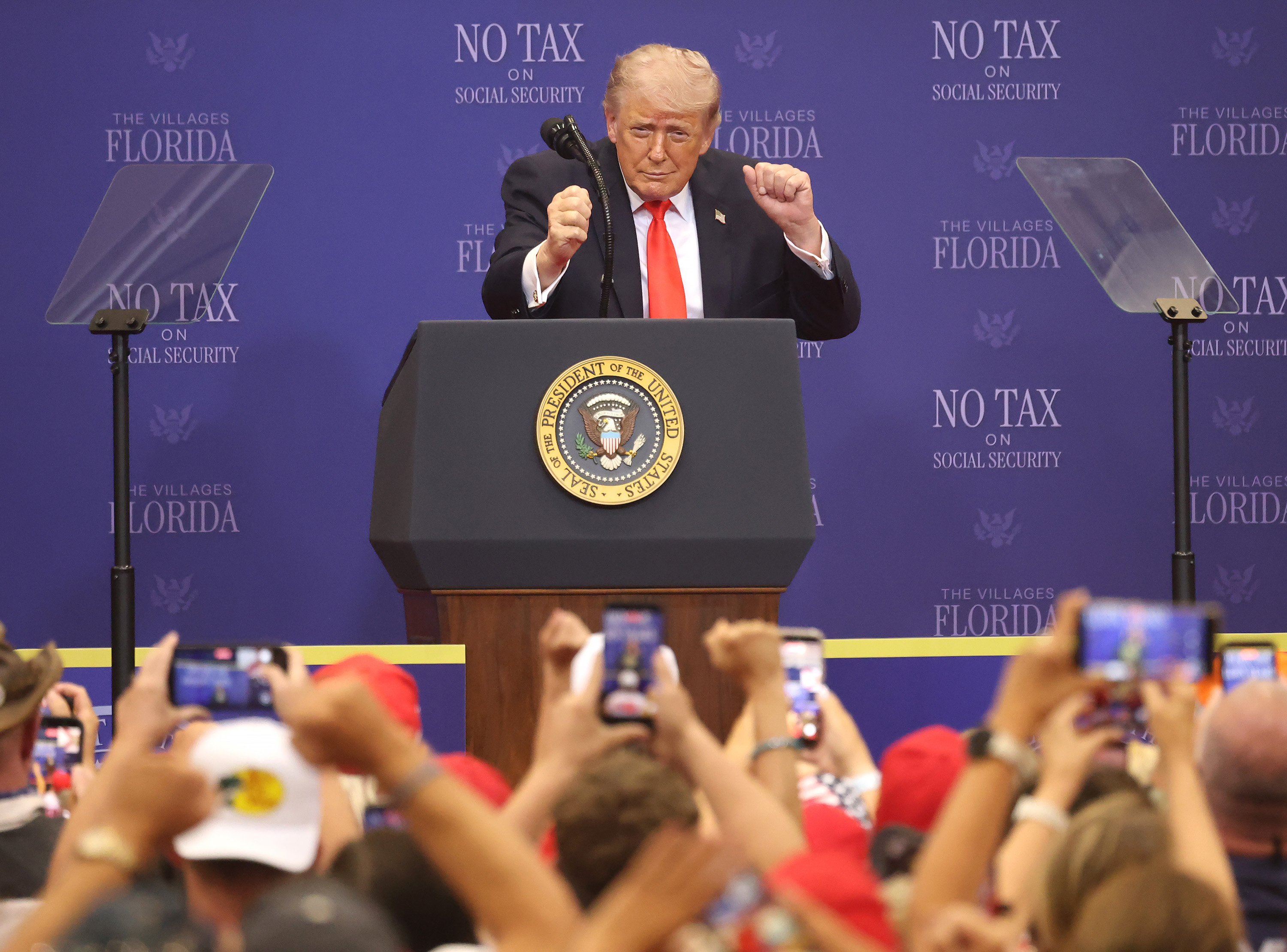 Donald Trump dances on stage after delivering remarks at The Villages Charter School on May 1, 2026 in The Villages, Florida | Source: Getty Images