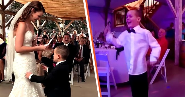 Emily Leehan, in her wedding gown with her stepson, Gage | Photo: Youtube.com/InsideEdition