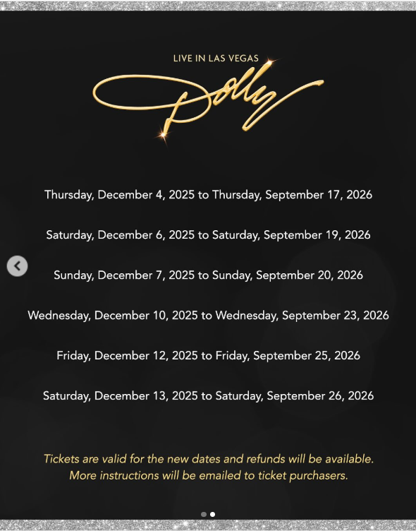 Dolly Parton's updated schedule for her Las Vegas residency concerts, posted on September 28,2025 | Source: Instagram/dollyparton