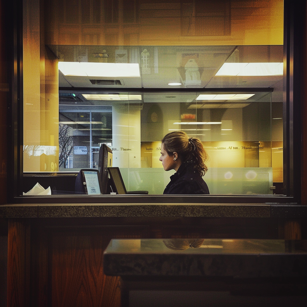 A bank teller at her desk | Source: Midjourney