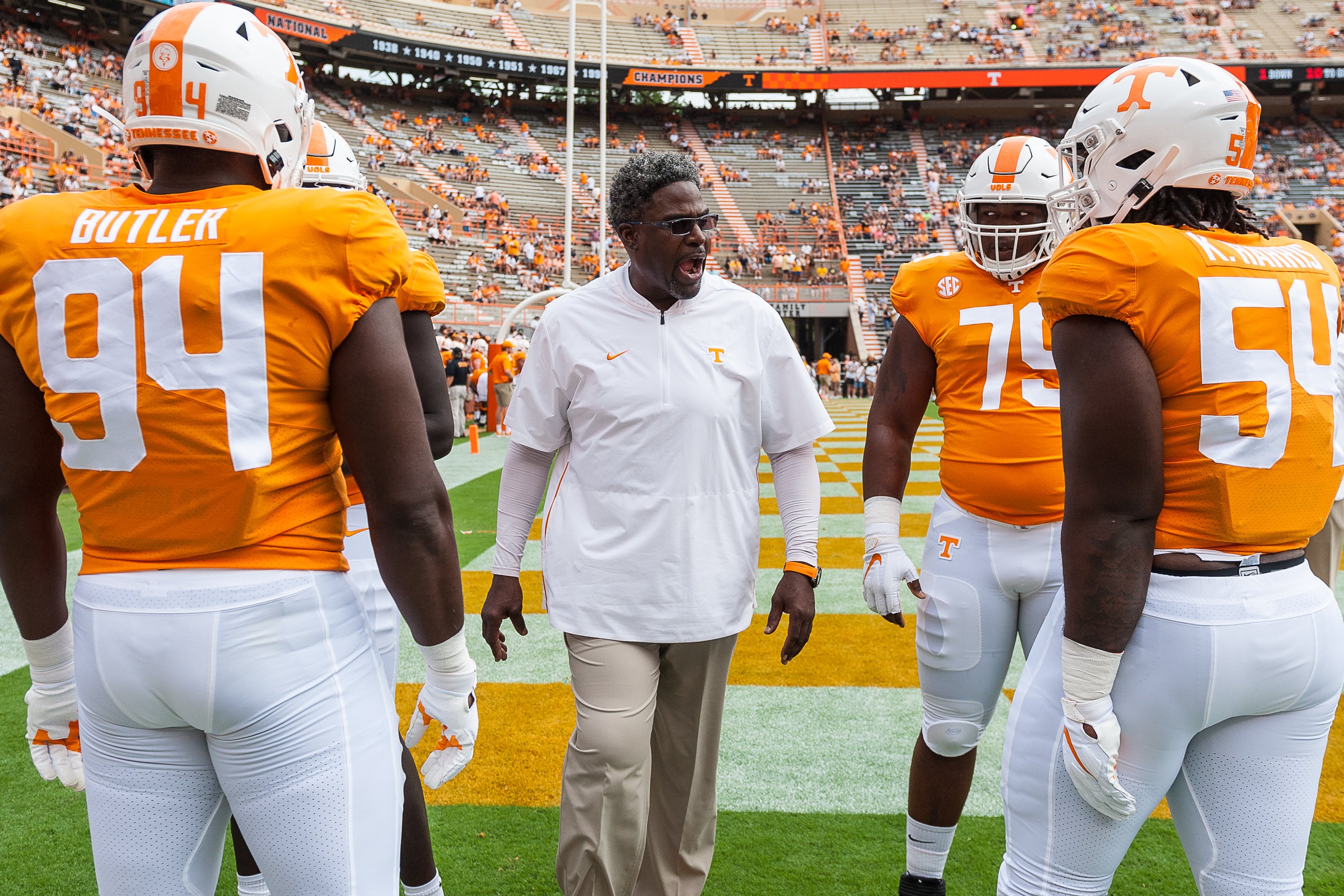 Tennessee Volunteers defensive line coach Tracy Rocker coaching during a college football game between the Tennessee Volunteers and Chattanooga Mocs on September 14, 2019. | Source: Getty Images