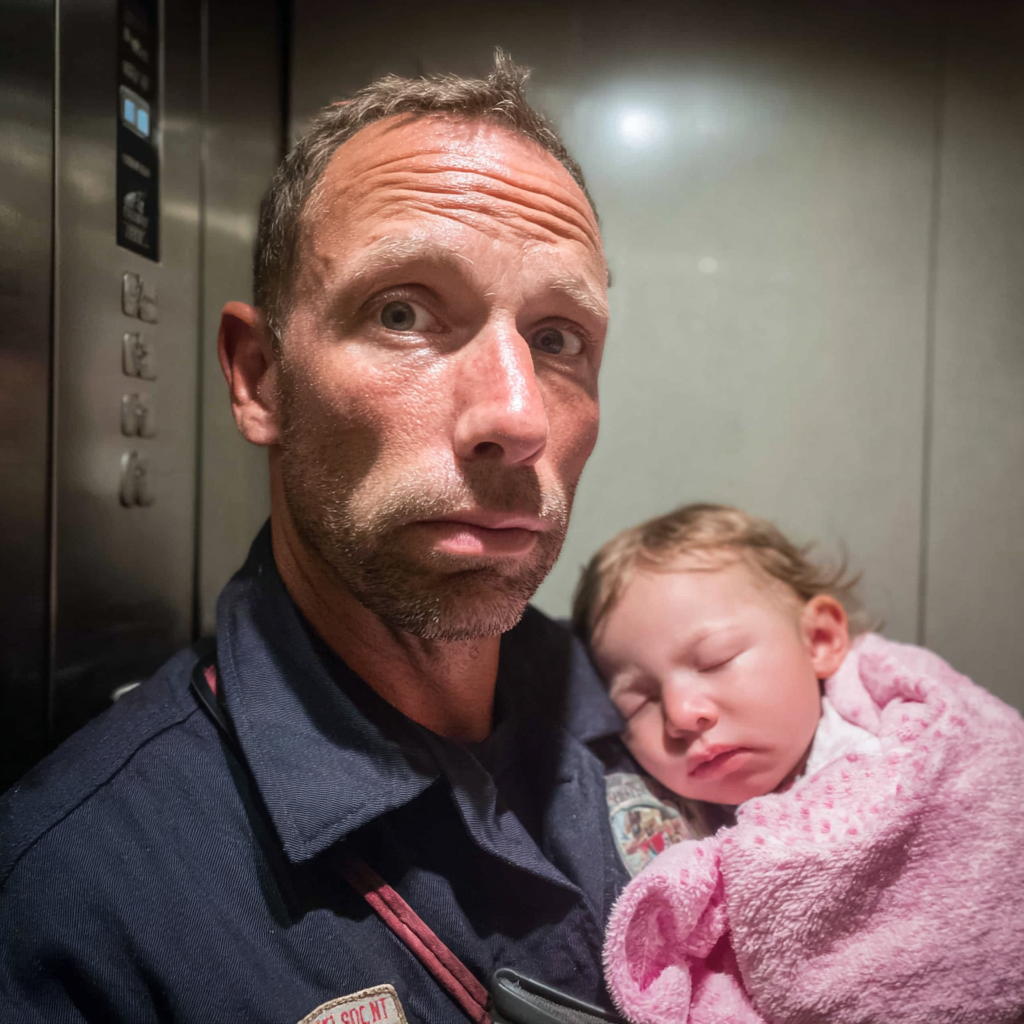 A man holding a sleeping baby in an elevator | Source: Midjourney