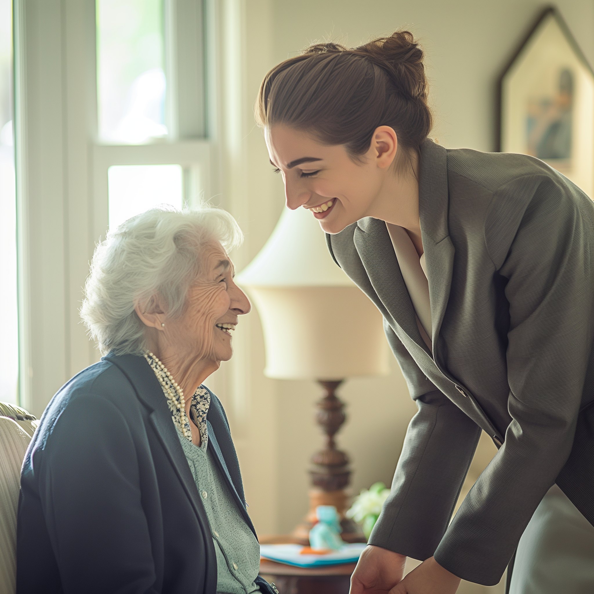 An elegantly dressed woman talking to a senior lady in a nursing home room | Source: Midjourney