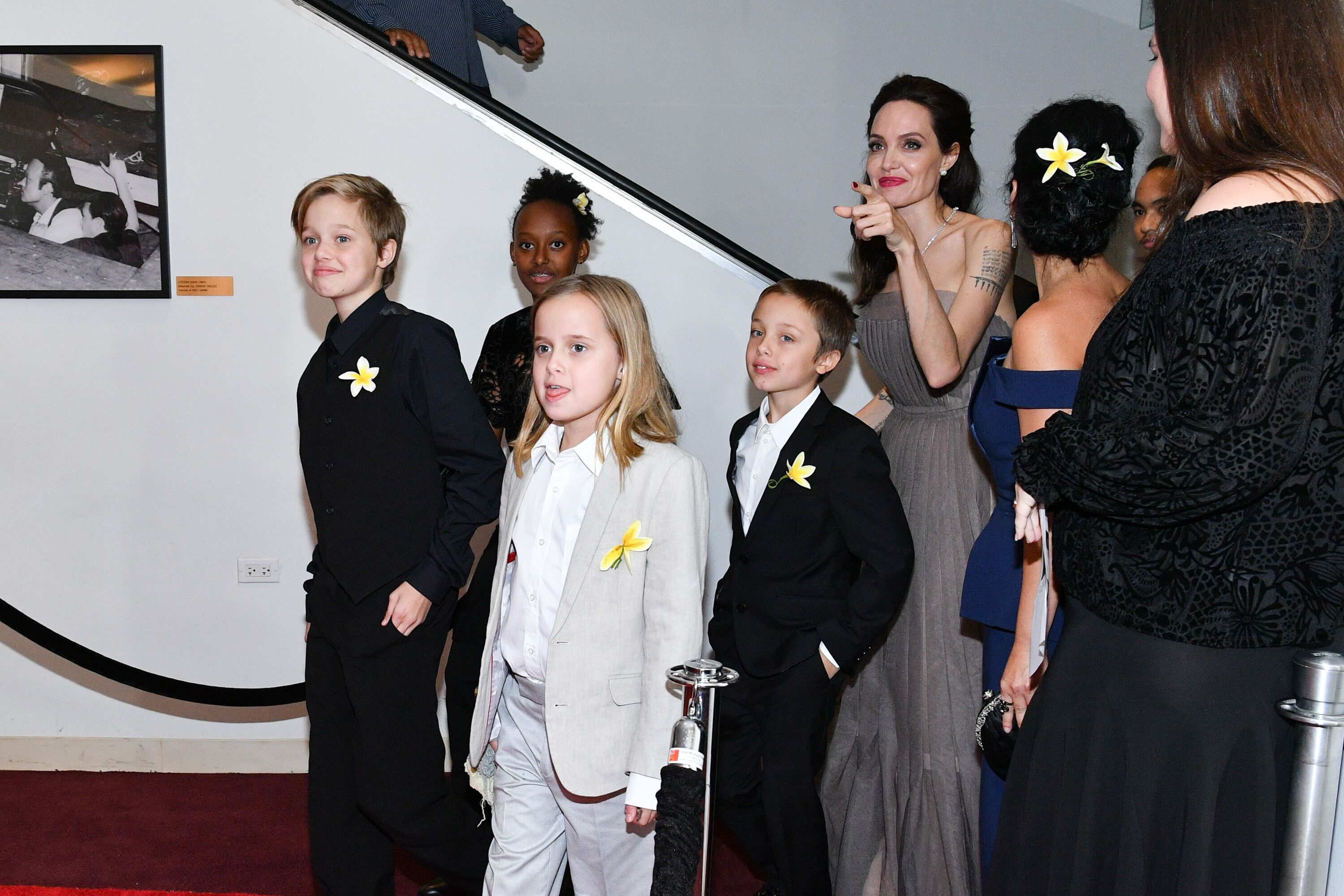Shiloh Jolie-Pitt, Zahara Jolie-Pitt, Vivienne Jolie-Pitt, Knox Leon Jolie-Pitt, and Angelina Jolie attend the "First They Killed My Father" New York premiere | Source: Getty Images