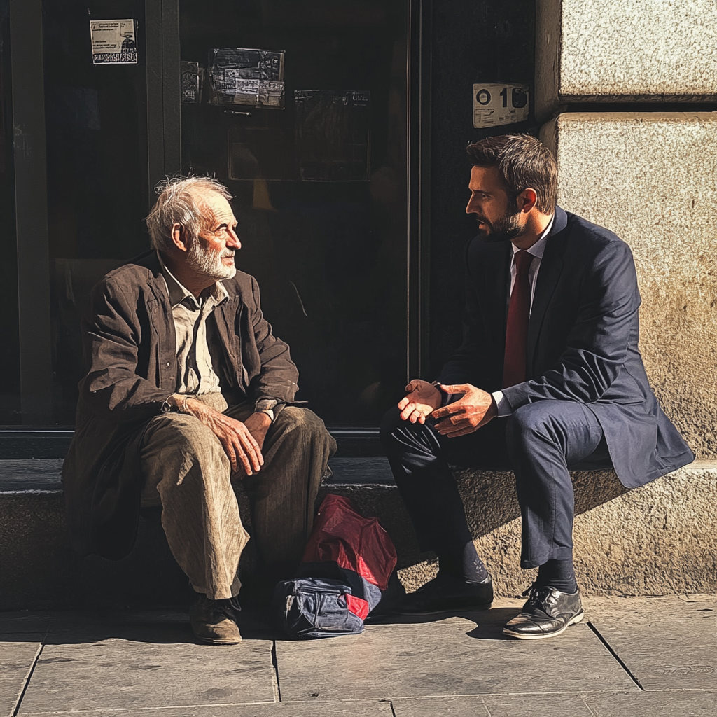 A homeless man talking to a successful business man | Source: Midjourney