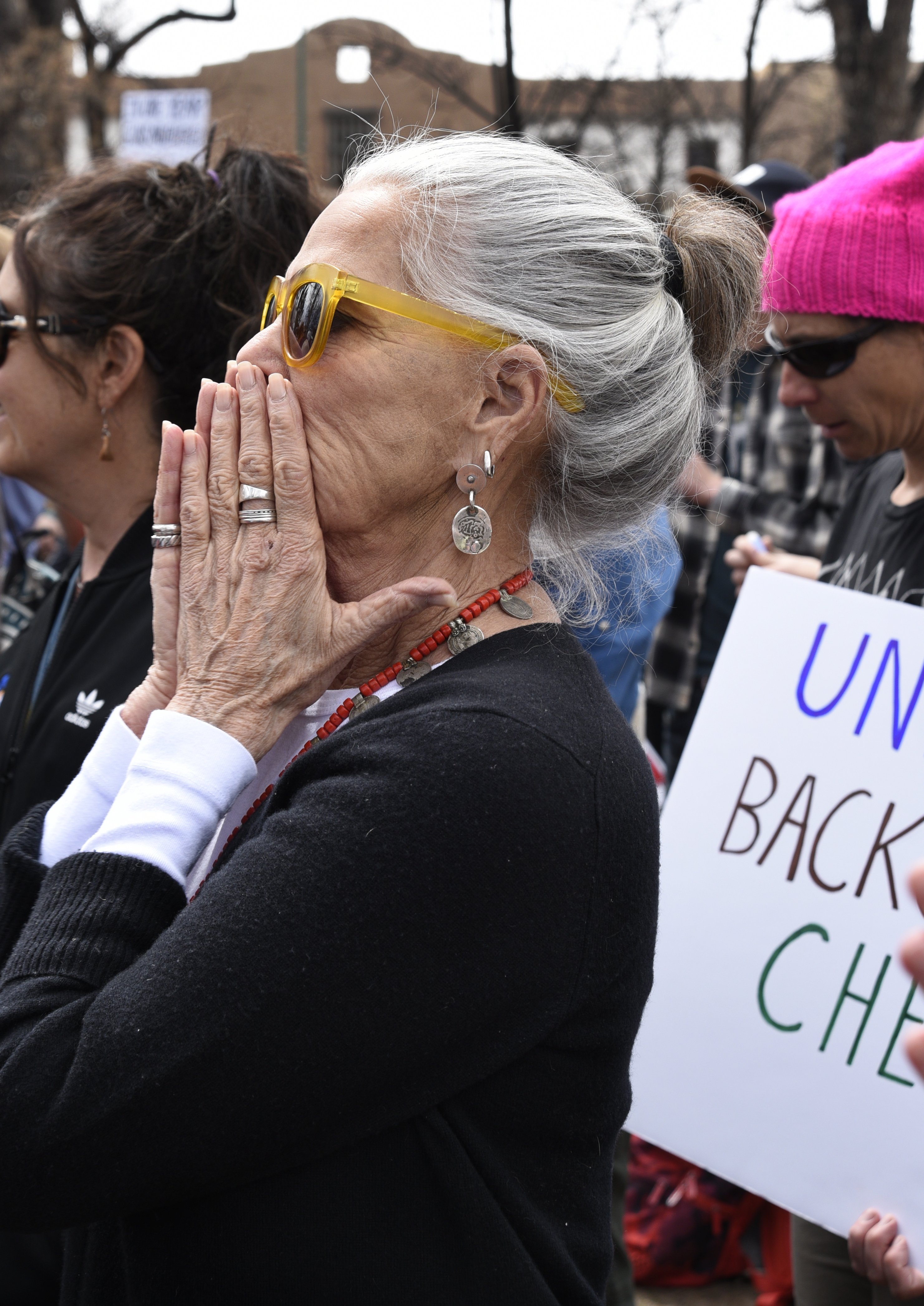 Ali MacGraw reacts to an emotional address by a high school student at a "March For Our Lives" rally on March 24, 2018, in Santa Fe, New Mexico. | Source: Getty Images