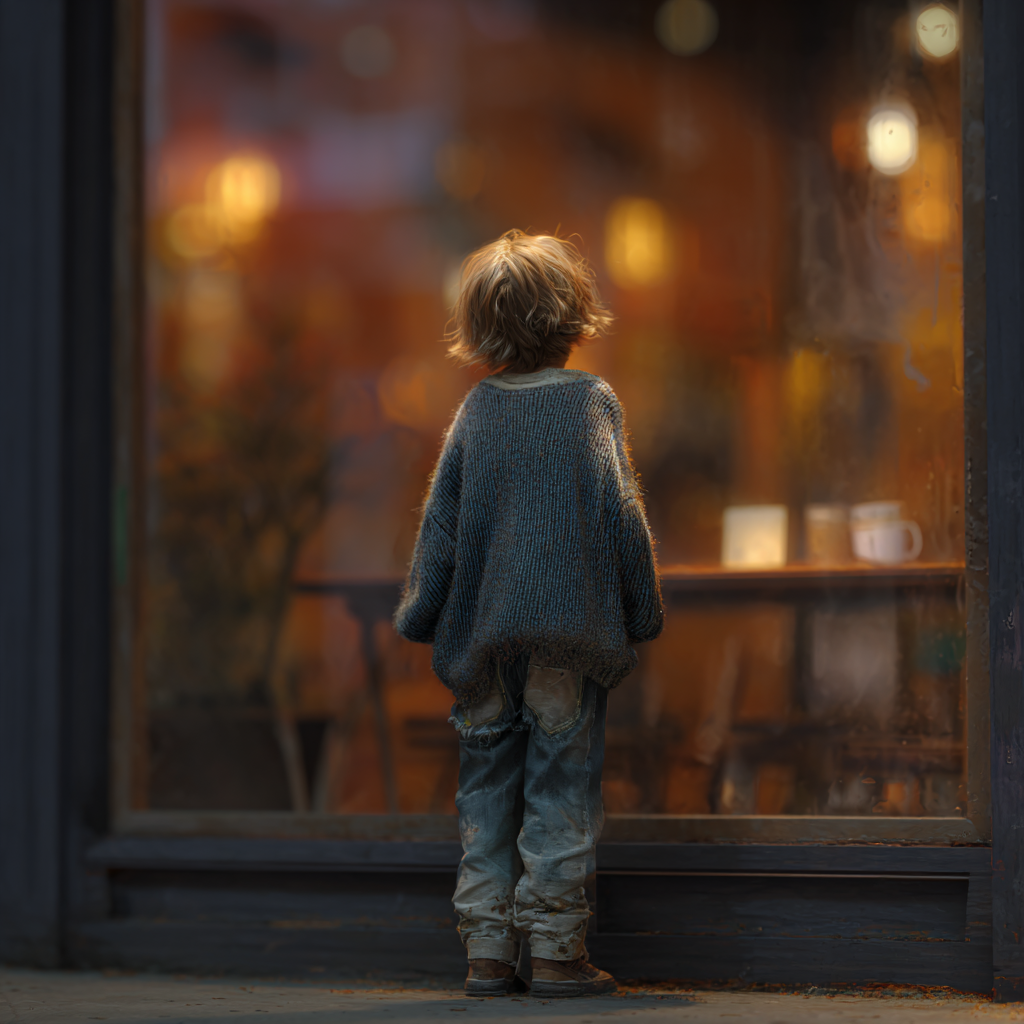 A little boy standing outside a café | Source: Midjourney