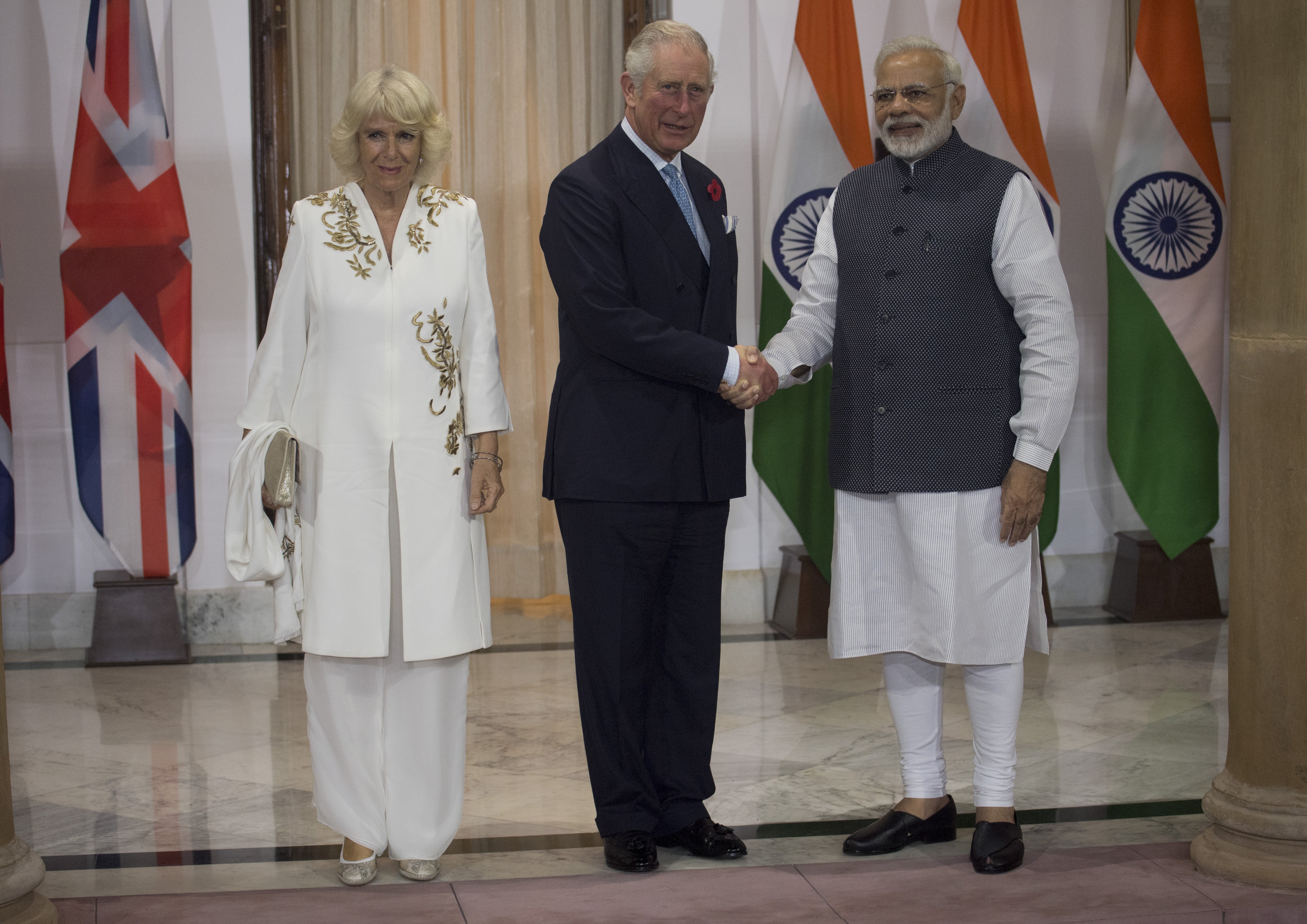 Prince Charles and Camilla are greeted by Mr Narendra Modi, Prime Minister of India at Hyderabad House  on November 9, 2017 in New Delhi, India. | Source: Getty Images.
