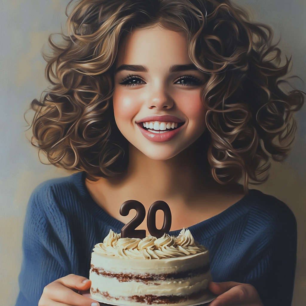 A cheerful woman holding her 20th birthday cake | Source: Midjourney