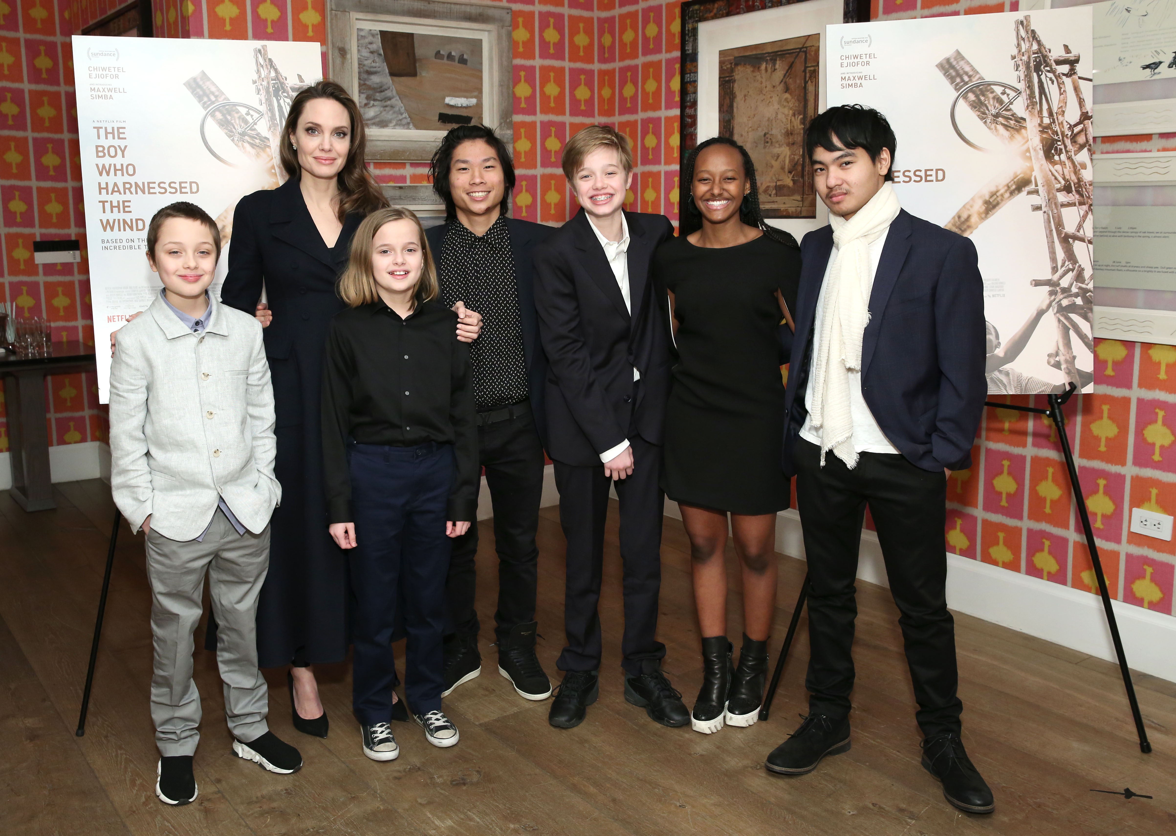 Angelina Jolie, Knox Leon Jolie-Pitt, Vivienne Marcheline Jolie-Pitt, Pax Thien Jolie-Pitt, Shiloh Nouvel Jolie-Pitt, Zahara Marley Jolie-Pitt, and Maddox Chivan Jolie-Pitt attend "The Boy Who Harnessed The Wind" Special Screening in New York City on February 25, 2019 | Source: Getty Images