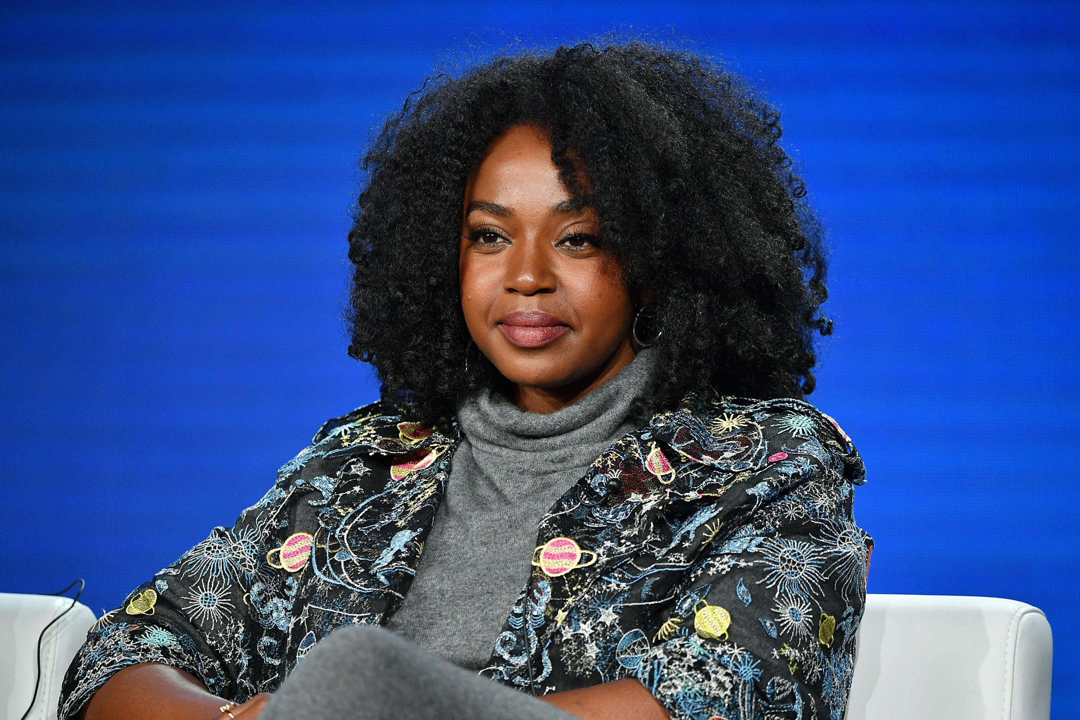 Jerrika Hinton talking about 'Hunters' during the 2020 Winter TCA Tour in Pasadena in January 2020 | Source: Getty Images