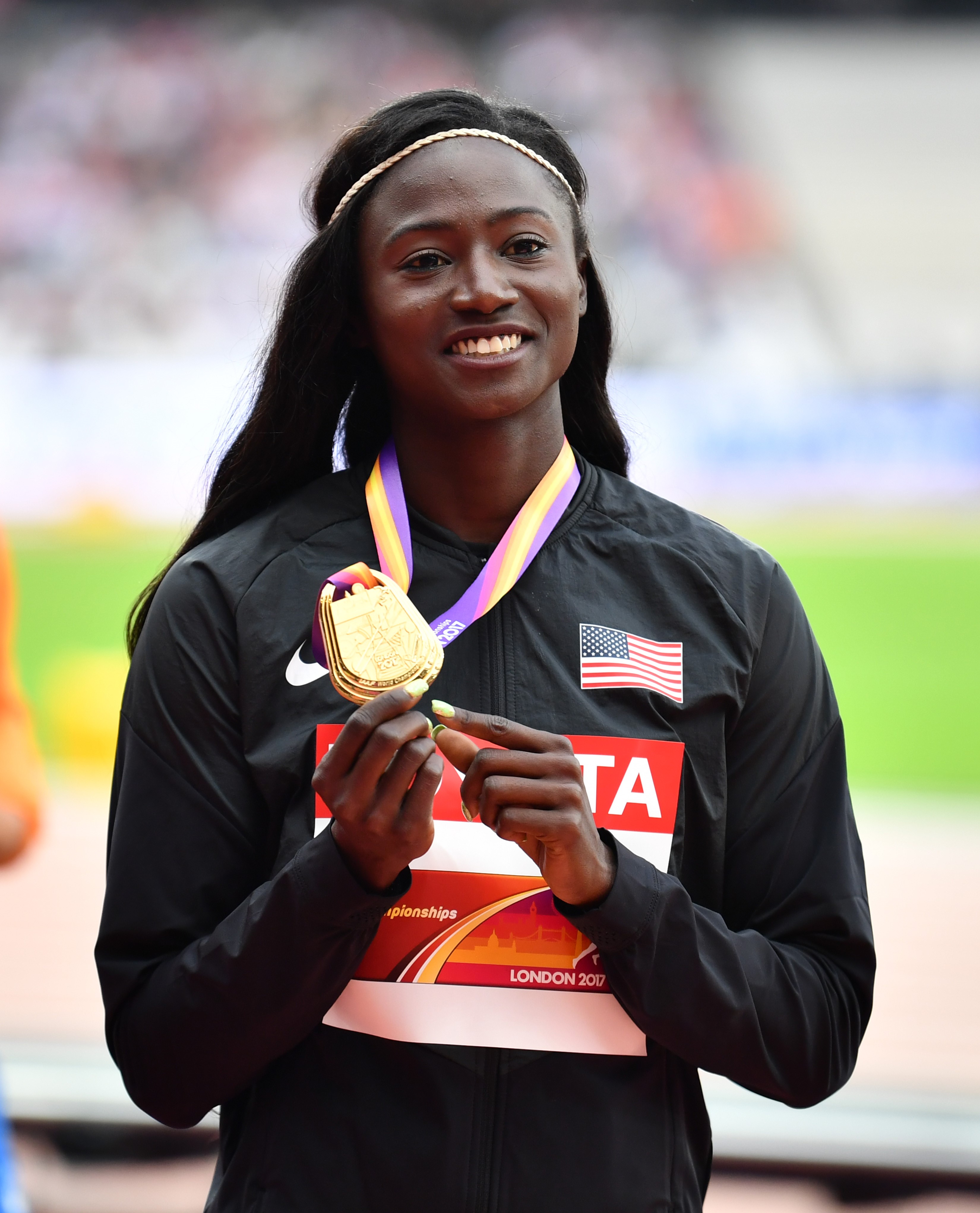 Tori Bowie of the United States poses with her medal for the competes in the Women's 100 metres during the "IAAF Athletics World Championships London 2017" at London Stadium in the Queen Elizabeth Olympic Park in London, United Kingdom on August 7, 2017. | Source: Getty Images