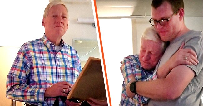 Larry Kayler Myers is moved to tears after seeing his great-grandson's birth certificate [Left]; Thomas gives him a comforting hug [Right]. | Source: youtube.com/HappilyOfficial