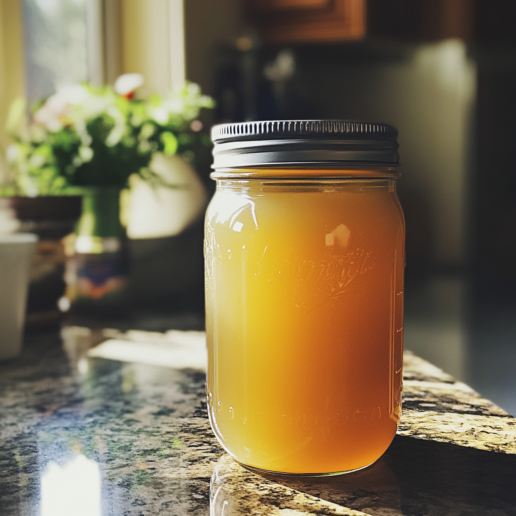 A jar of vegetable stock on a counter | Source: Midjourney