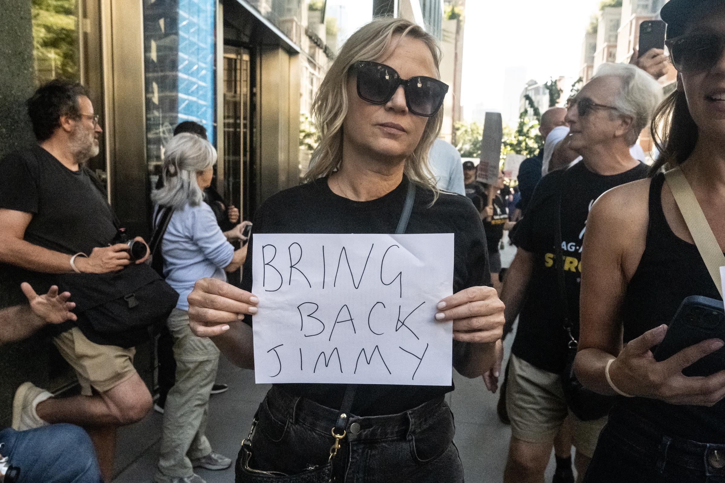People participate in a protest, organized by the Writers Guild of America East, against ABC's decision to suspend Jimmy Kimmel's show in New York City on September 19, 2025 | Source: Getty Images
