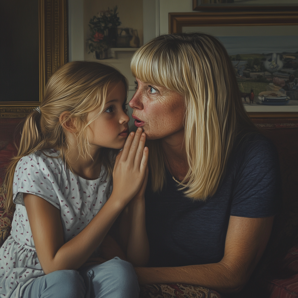 Girl whispering something to her mother | Source: Midjourney