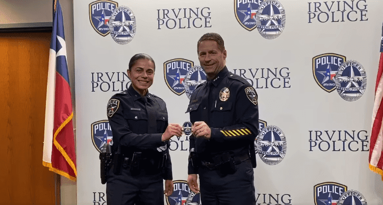 Erika Benning receiving her police badge during her swearing-in ceremony as a police officer with the Irving Police Department in Dallas, Texas. | Source: Facebook/Irving Police Department.