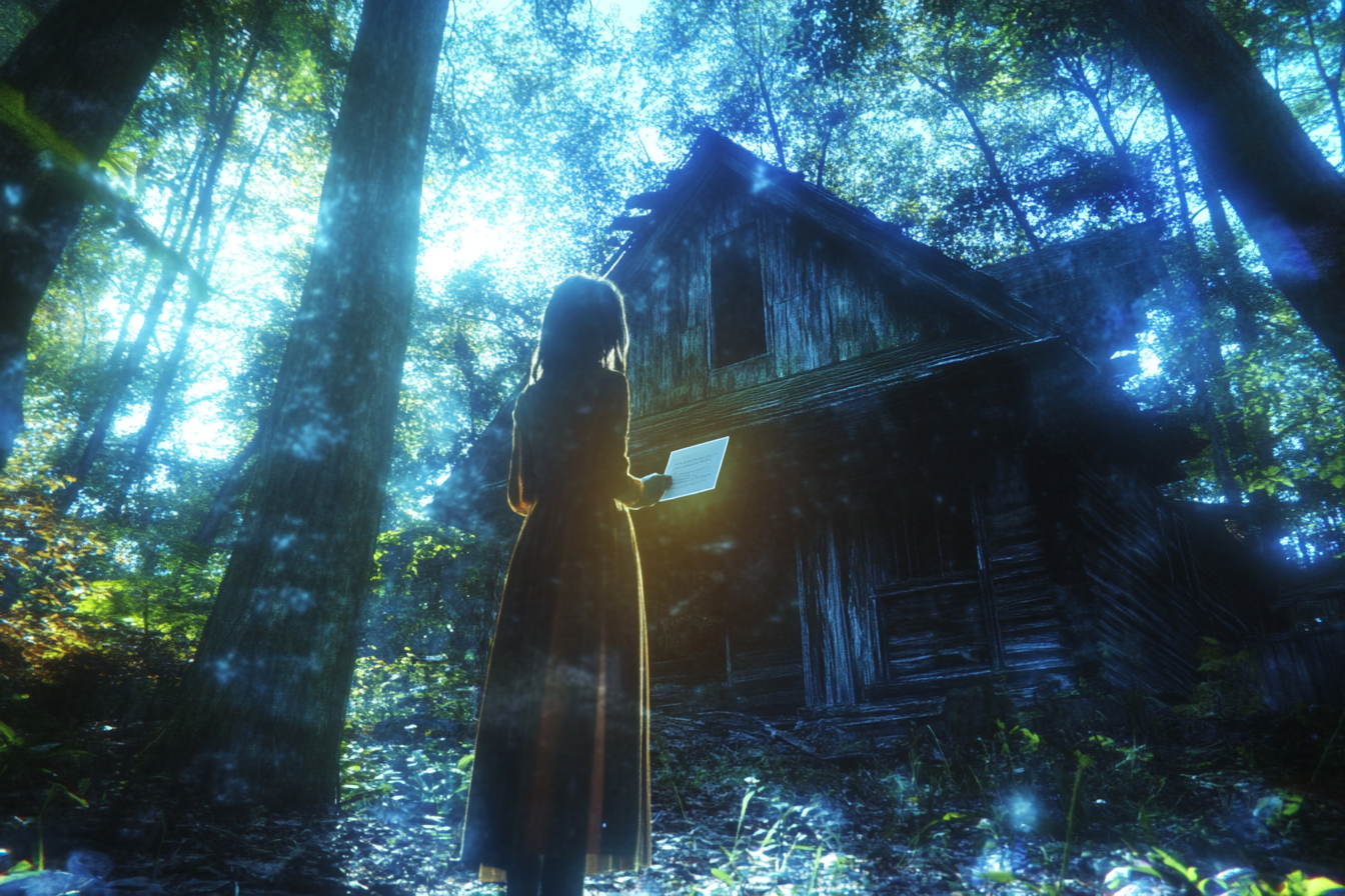 A woman standing outside an old cabin | Source: Midjourney