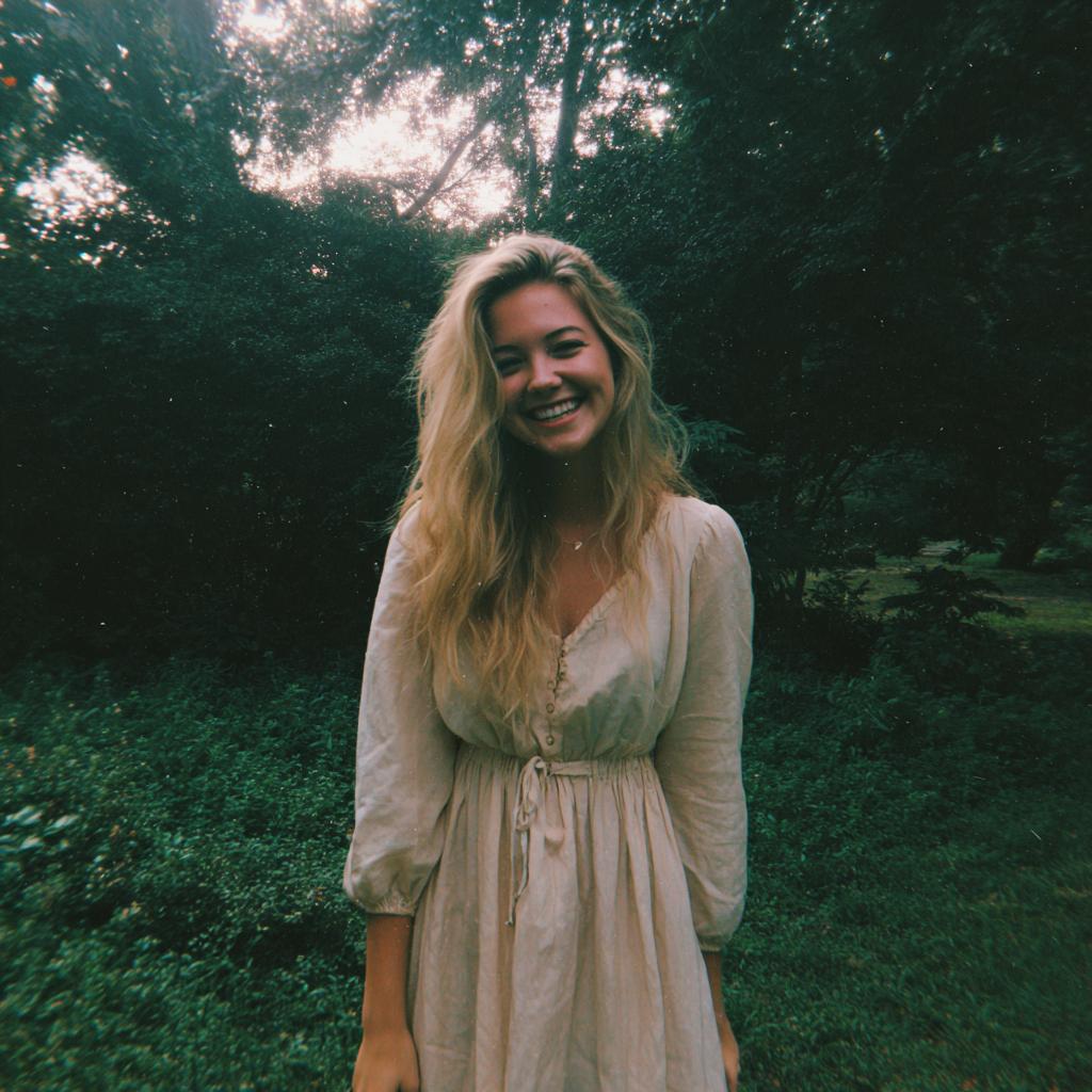 A smiling woman standing outside wearing a white dress | Source: Midjourney