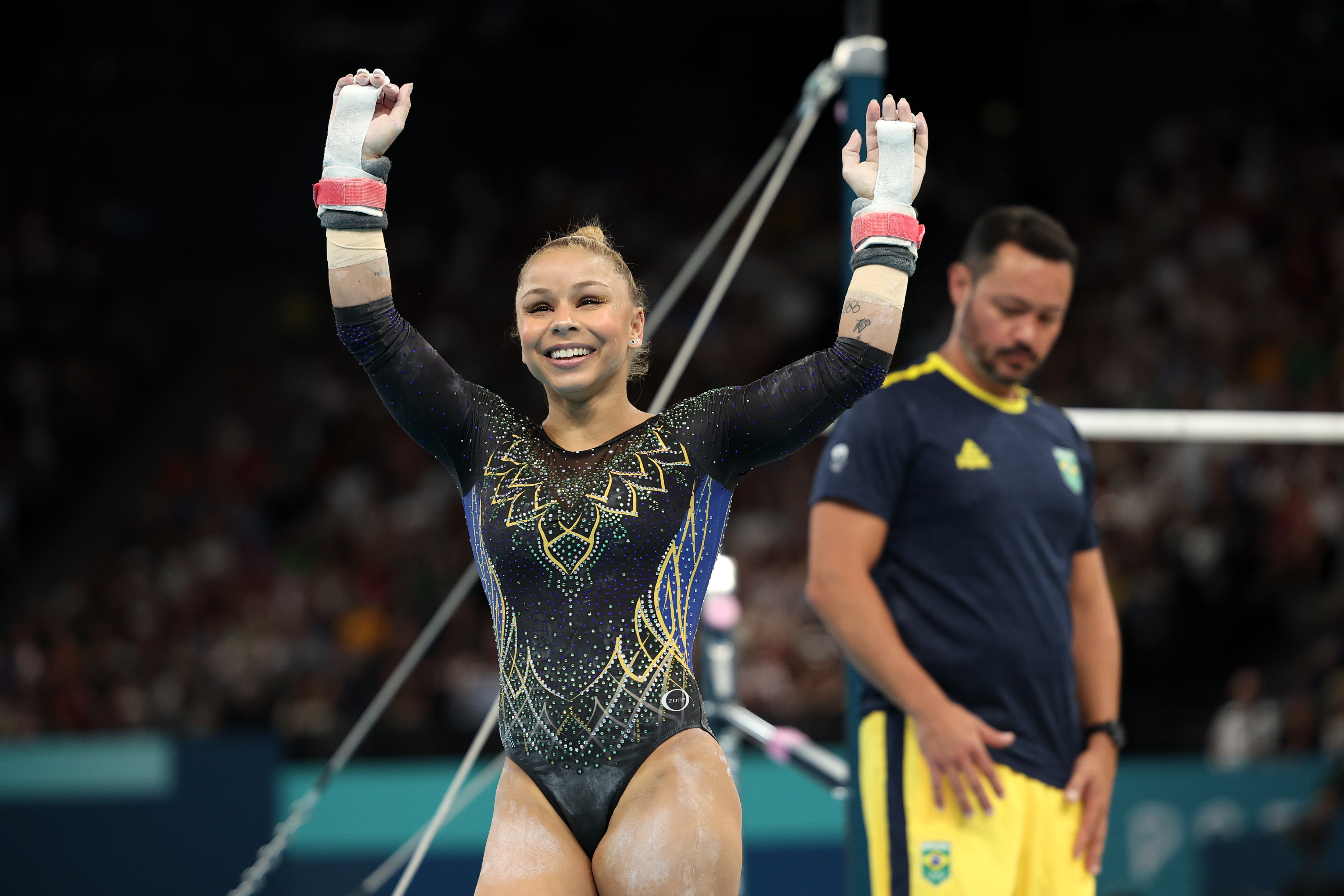 Flavia Saraiva celebrates after her routine during the Artistic Gymnastics Women's Qualification on July 28, 2024, in Paris, France. | Source: Getty Images