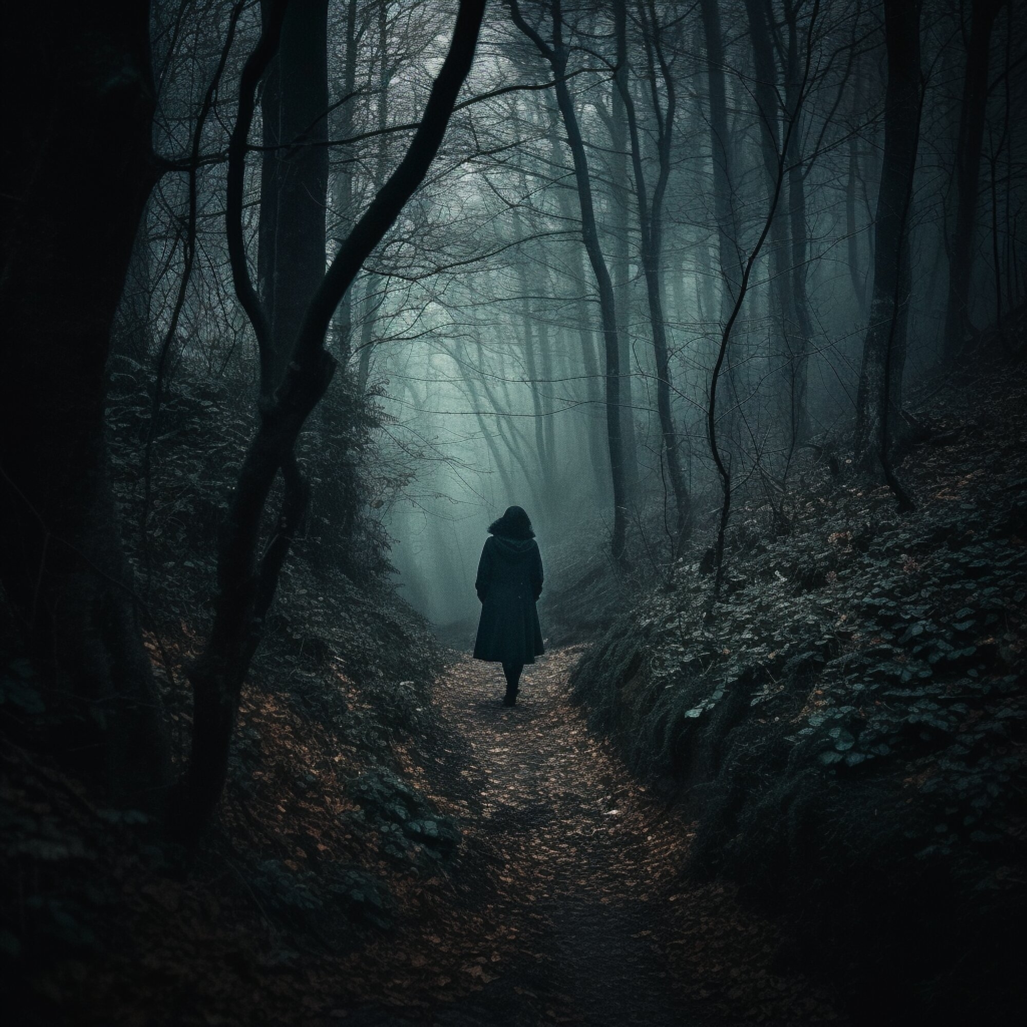 Image of a woman in a raincoat walking along a path in the middle of a dark forest. | Source: Shutterstock