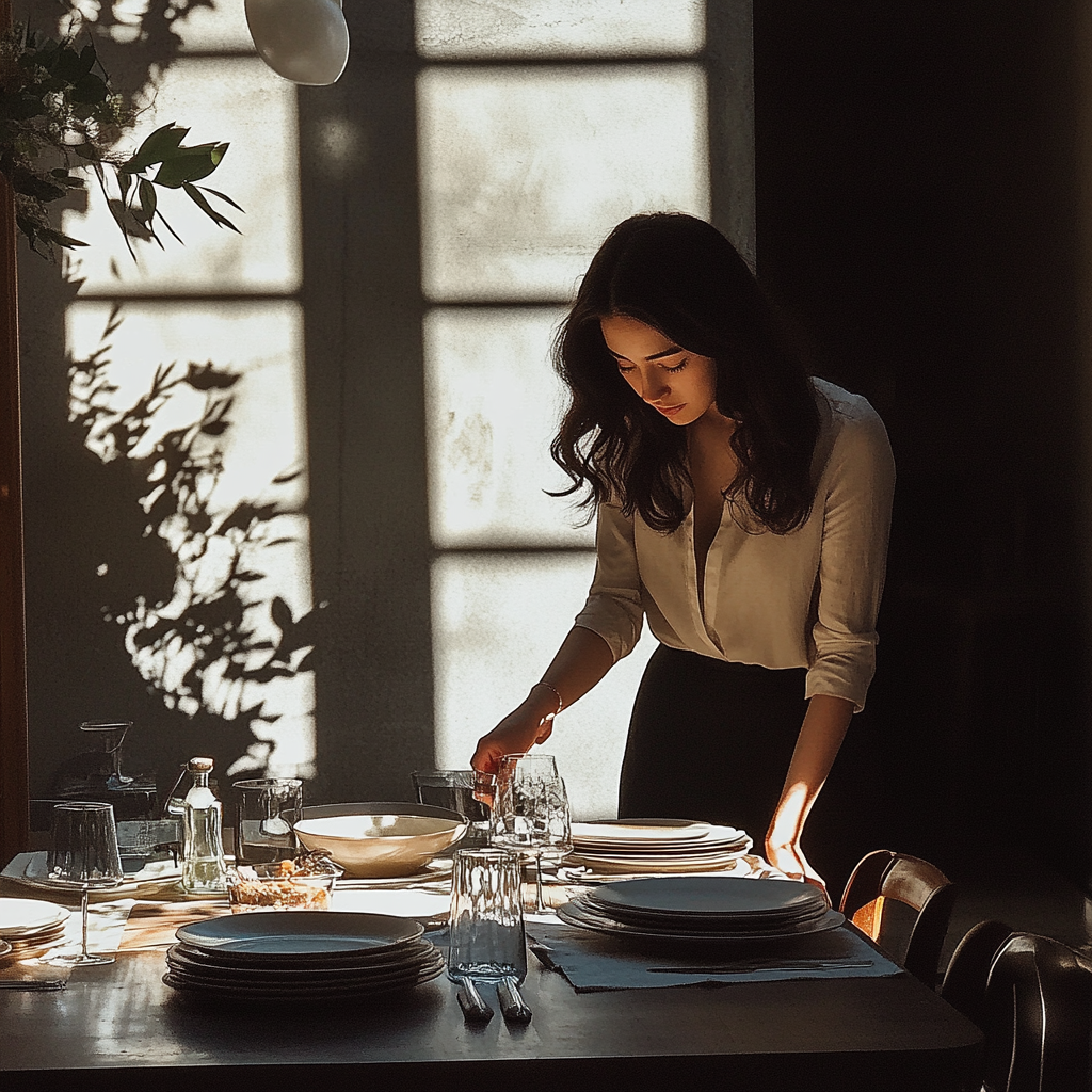 A nervous woman setting the table | Source: Midjourney