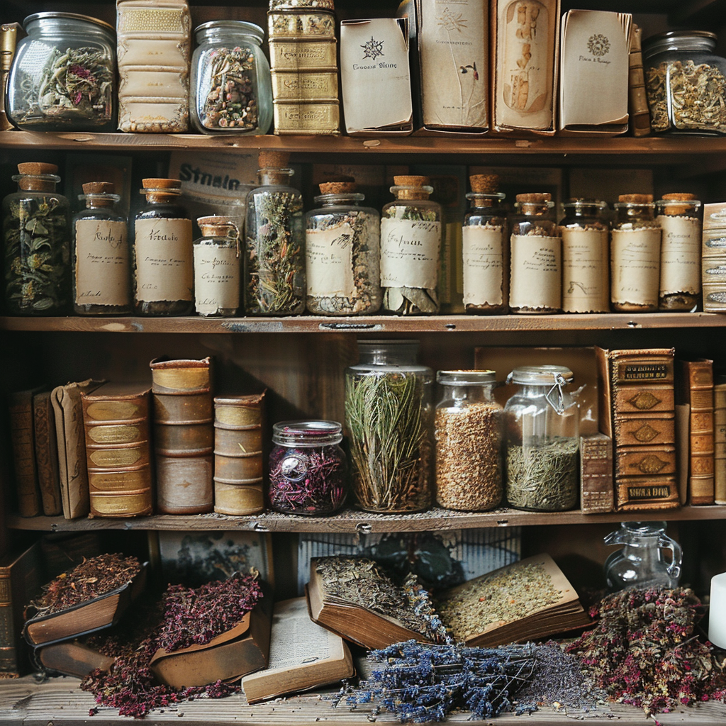 Shelves with books and herbs | Source: Midjourney