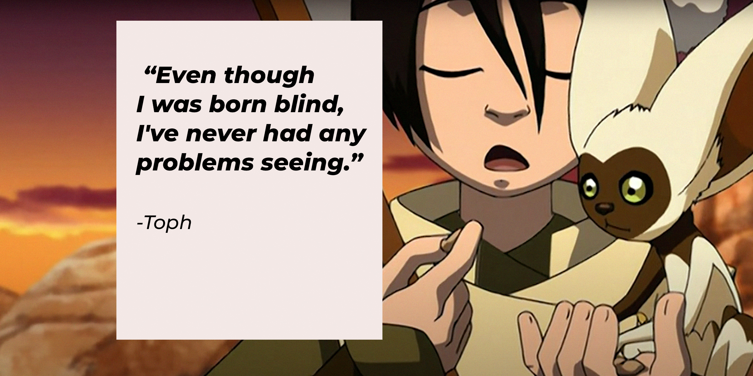 A photo of Toph and Momo with the quote: "Even though I was born blind, I've never had any problems seeing.” | Source: youtube.com/TeamAvatar