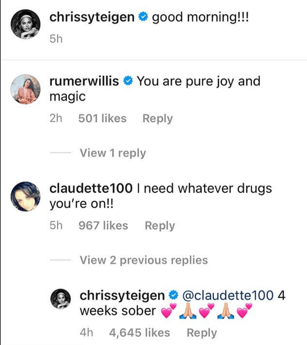 A screenshot of Rumer Willis's comment on Chrissy Teigen's post on her instagram page | Photo: instagram.com/chrissyteigen/
