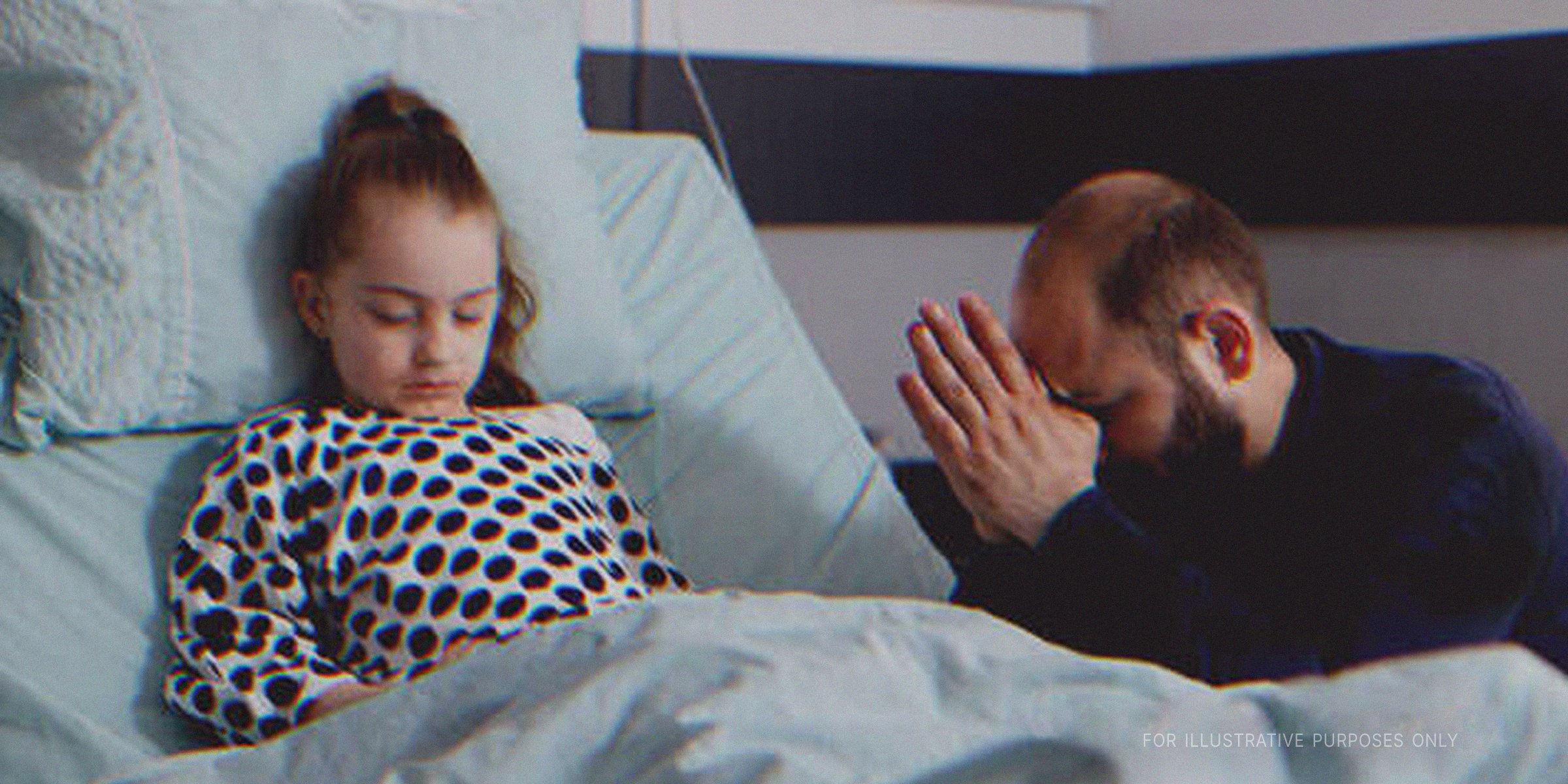 A young girl in hospital bed and a grown man praying beside her. | Source: Getty Images