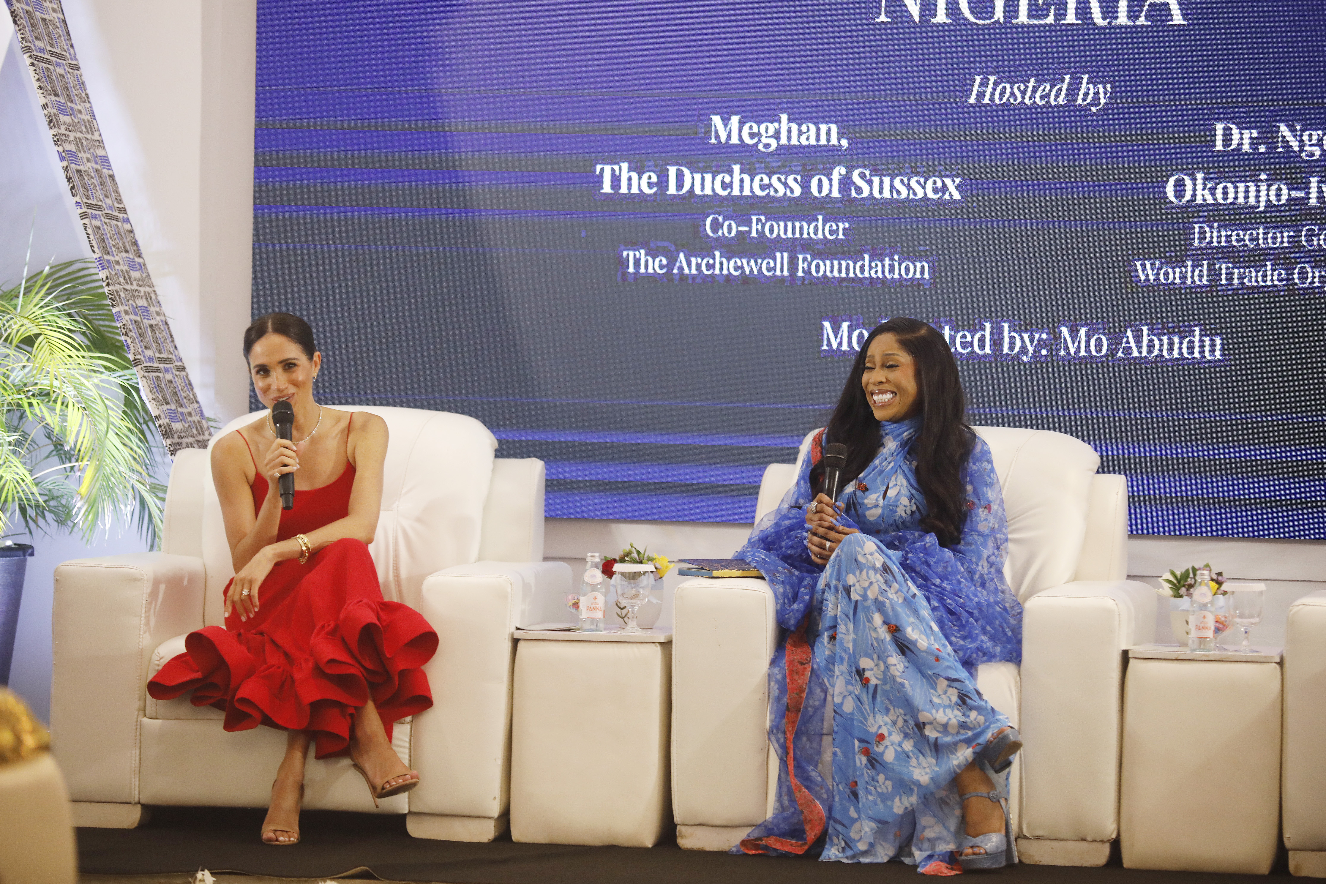 Meghan Markle on stage at a Women in Leadership event co-hosted with Ngozi Okonjo-Iweala in Abuja, Nigeria on May 11, 2024 | Source: Getty Images