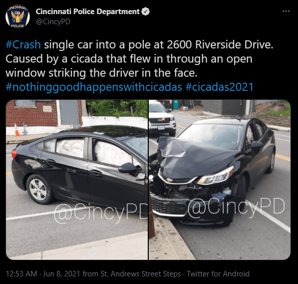 The Cincinnati Police department tweeted about the single car accident. 2021. | Photo: Twitter/CincyPD