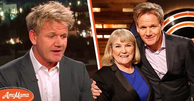 Gordon Ramsay on "Jimmy Kimmel Live" in 2016 [Left] Ramsay and his mother, Helen Ramsay, during the "Junior Edition: Mom Knows Best" episode of "Masterchef" in 2014  [Right] | YouTube/Jimmy Kimmel Live & Getty Images