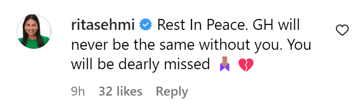 Rita Sehmi's comment on Jacklyn Zeman's Instagram post celebrating "General Hospital's" 60th anniversary on April 5, 2023 | Source: Instagram/jacklyn.zeman