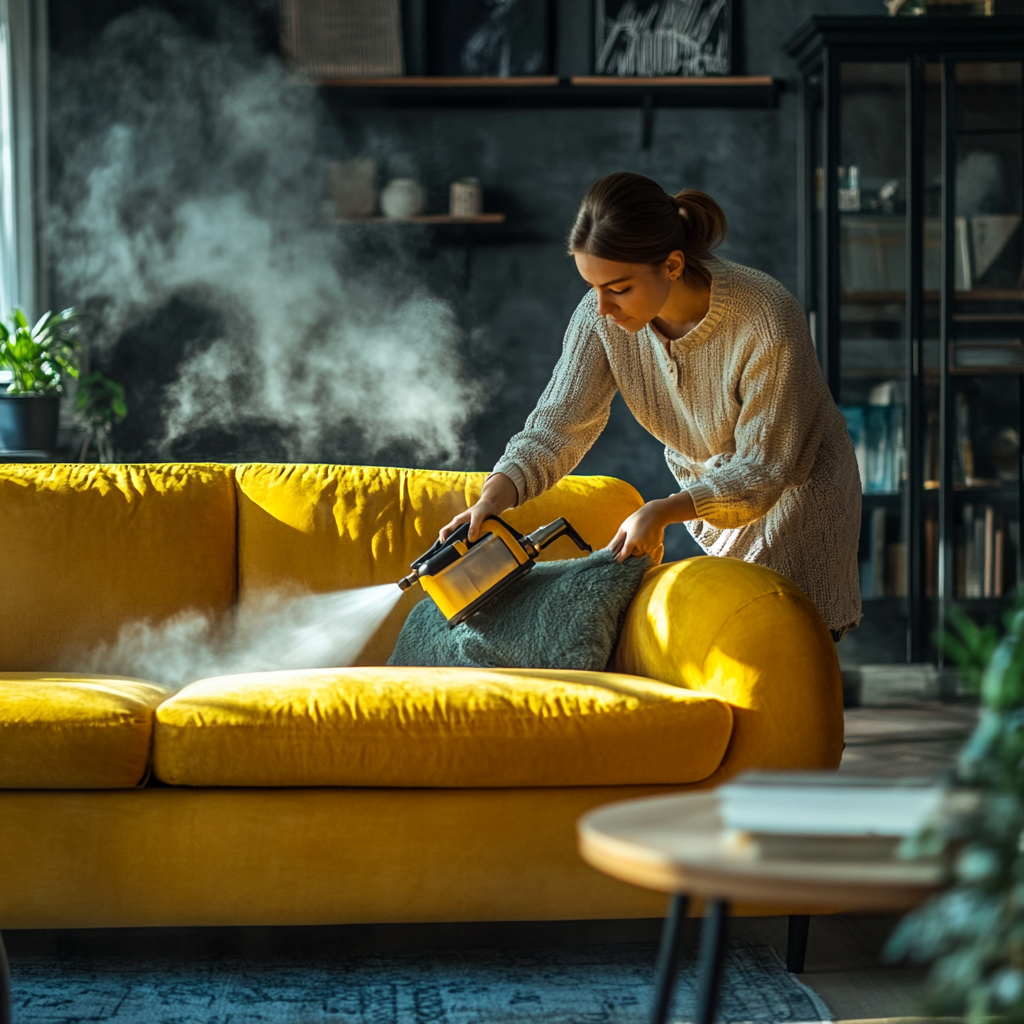 A woman steam cleaning a couch | Source: Midjourney