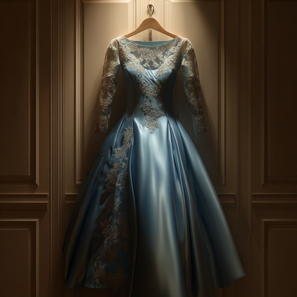 A blue satin gown on a hanger | Source: Midjourney
