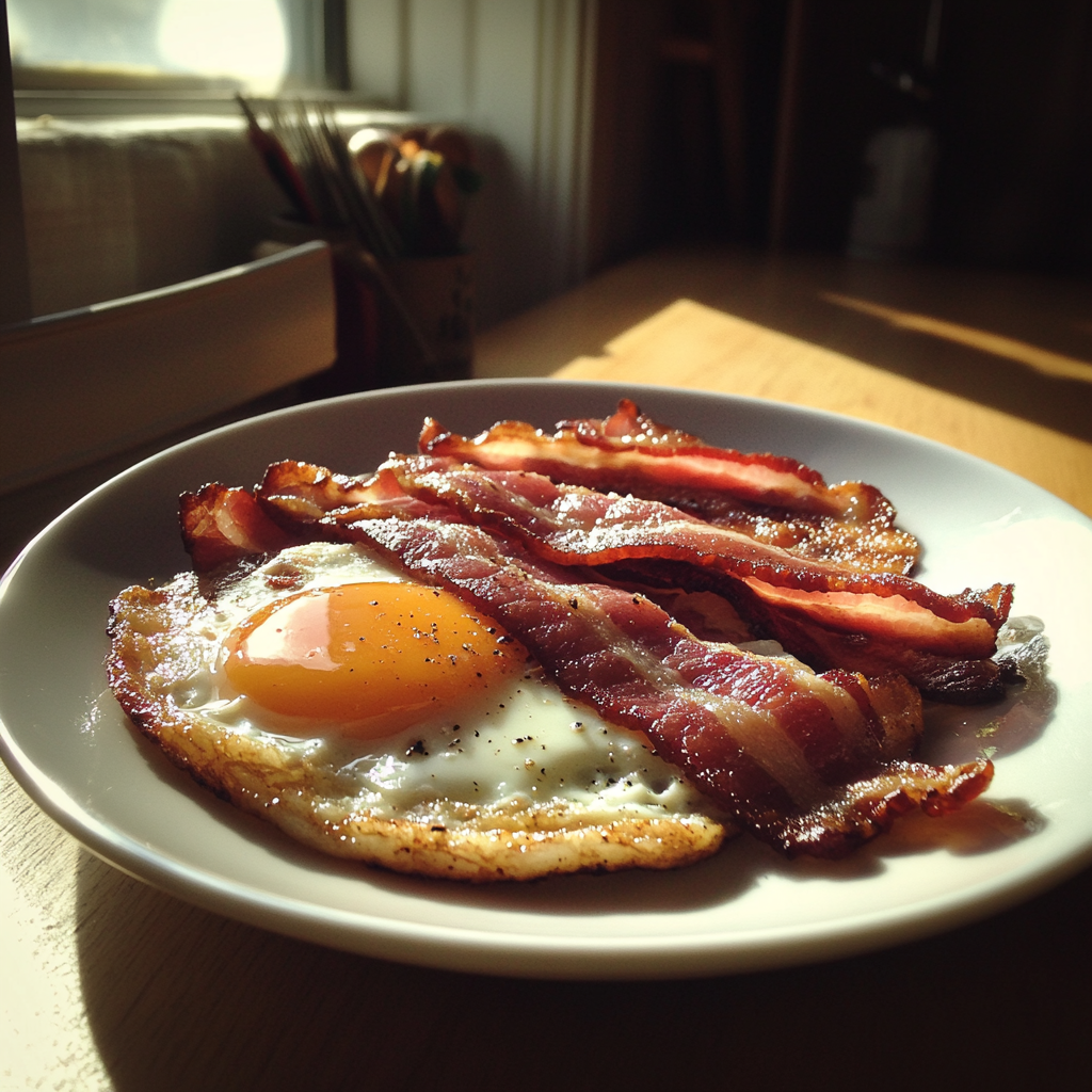 Bacon and eggs on a plate | Source: Midjourney