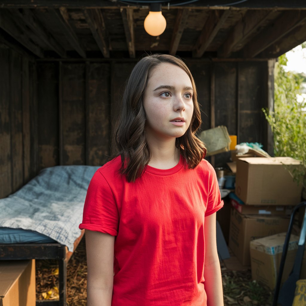 A teenage girl in a red shirt, looking apprehensive | Source: Midjourney