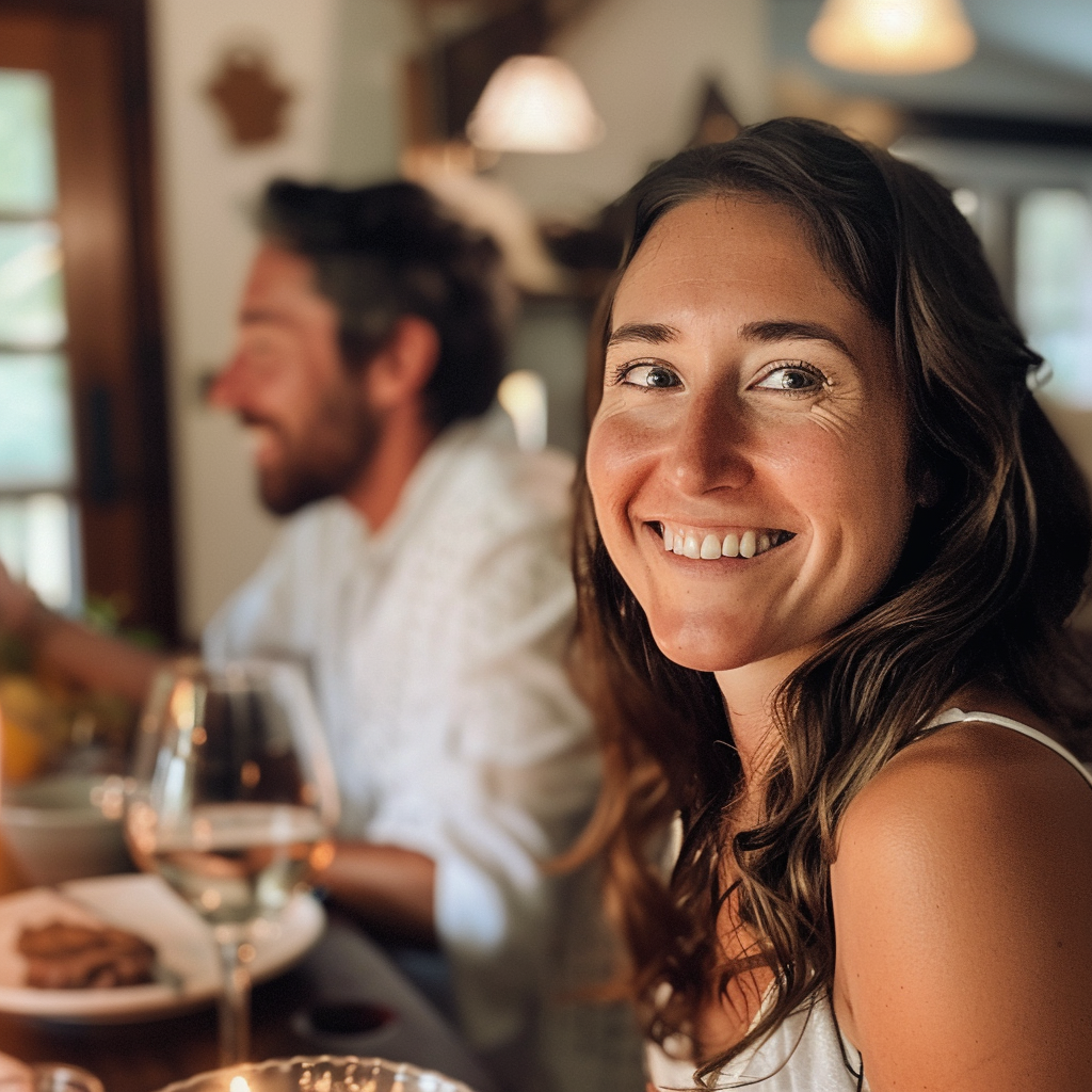 Woman smiling during dinner with a man smiling in the background | Source: Midjourney
