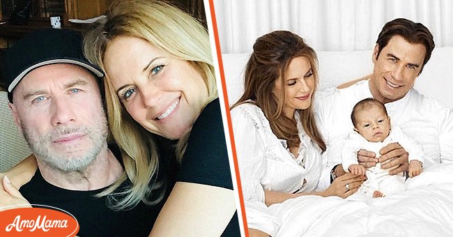 [Left] John Travolta and his wife, Kelly Preston all cuddled up; [Right] John Travolta and his wife, Kelly Preston with their 'miracle child' Ben, in a group photo. | Source: instagram.com/johntravolta instagram.com/therealkellypreston 