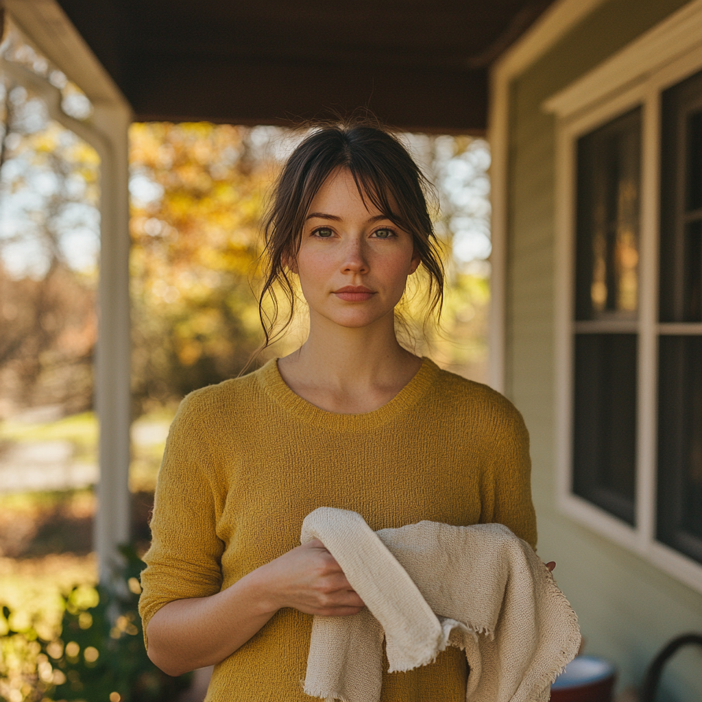 A serious woman with a dish towel | Source: Midjourney