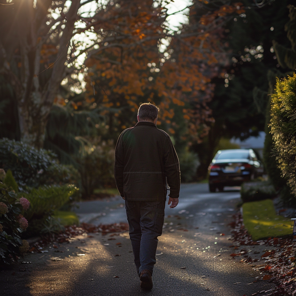 A man walking down a driveway | Source: Midjourney